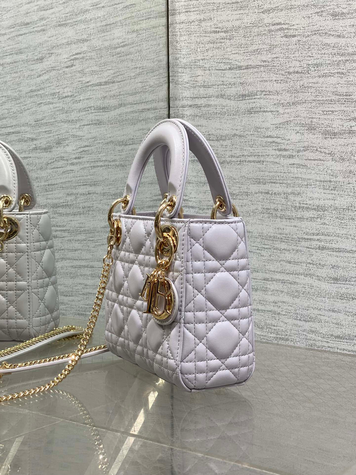 DIOR 25S MINI LADY BAG 17 IN LILAC CANNAGE CALFSKIN GOLD HARDWRE