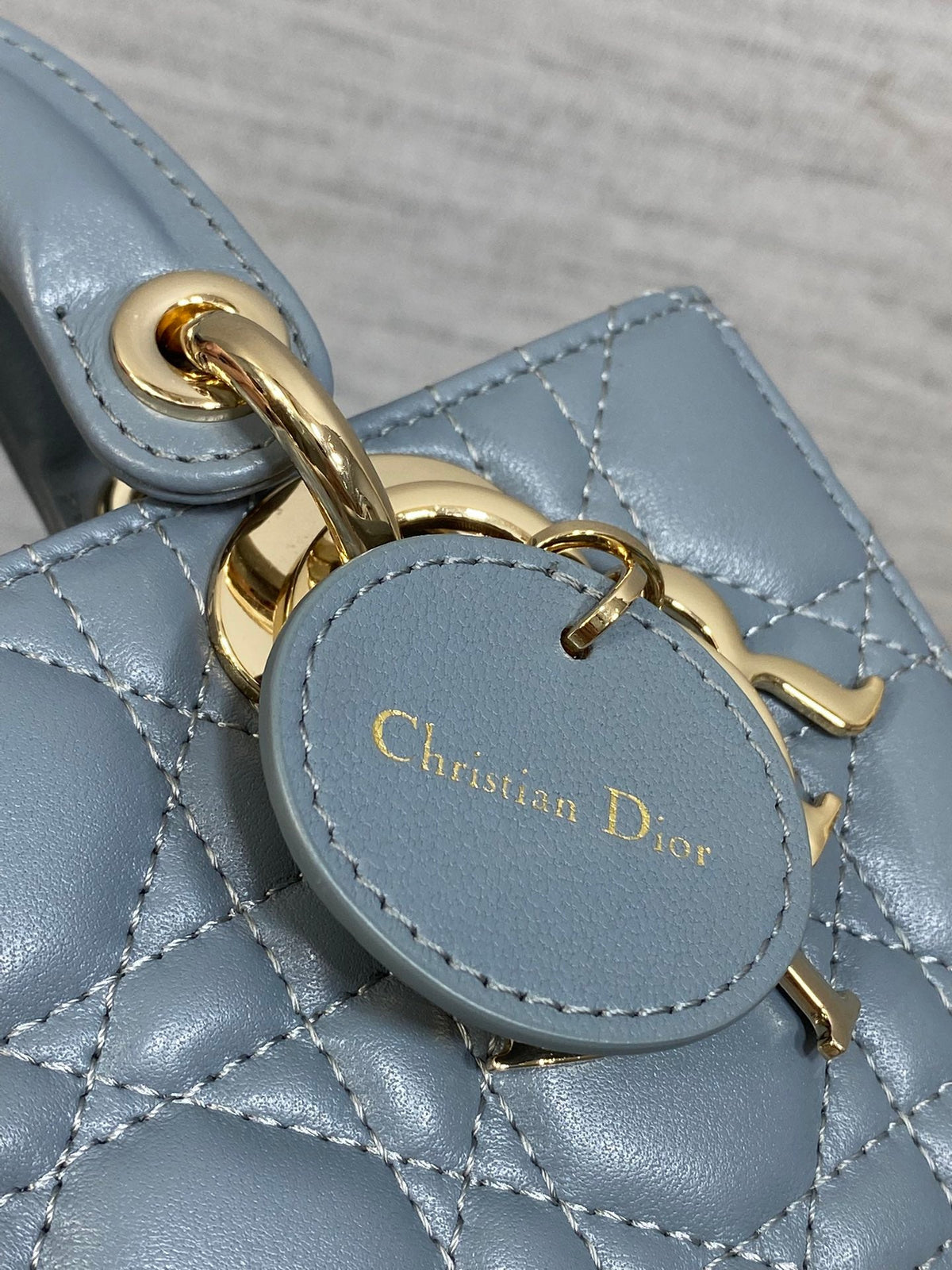 DIOR 25S SMALL LADY D‑JOY BAG 19 IN STEEL BLUE GRAY CANNAGE CALFSKIN GOLD HARDWARE