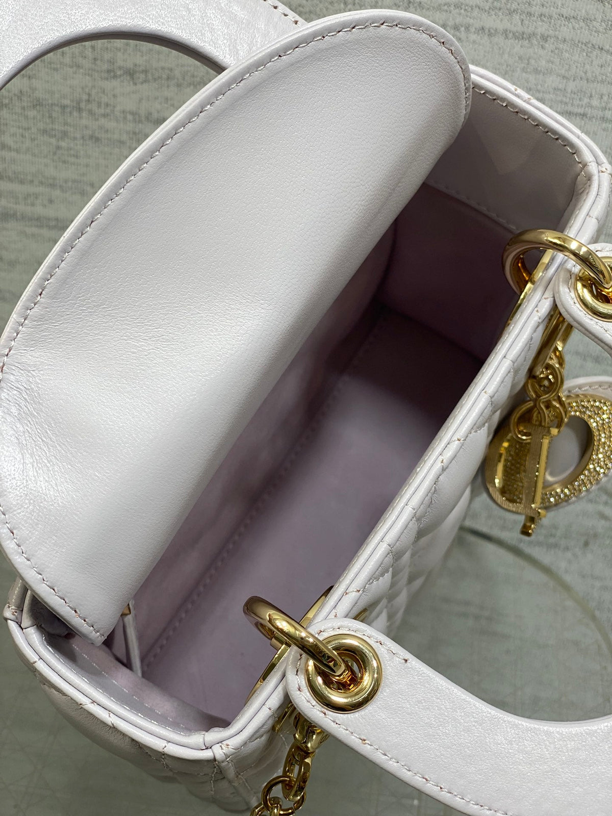 DIOR 25S MINI LADY BAG 17 IN LILAC CALFSKIN CHARM CRYSTAL EMBELLISHMENTS