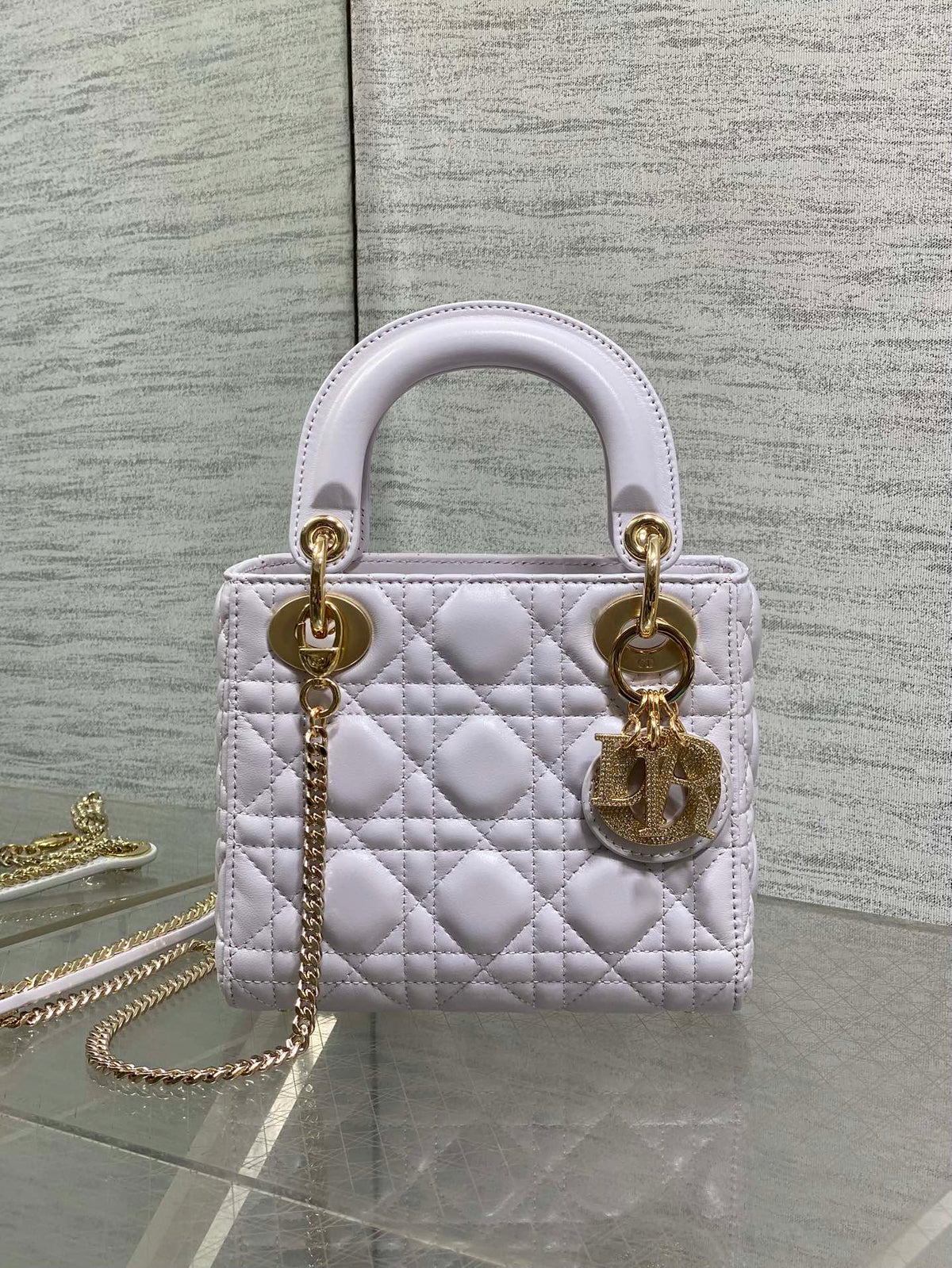 DIOR 25S MINI LADY BAG 17 IN LILAC CALFSKIN CHARM CRYSTAL EMBELLISHMENTS