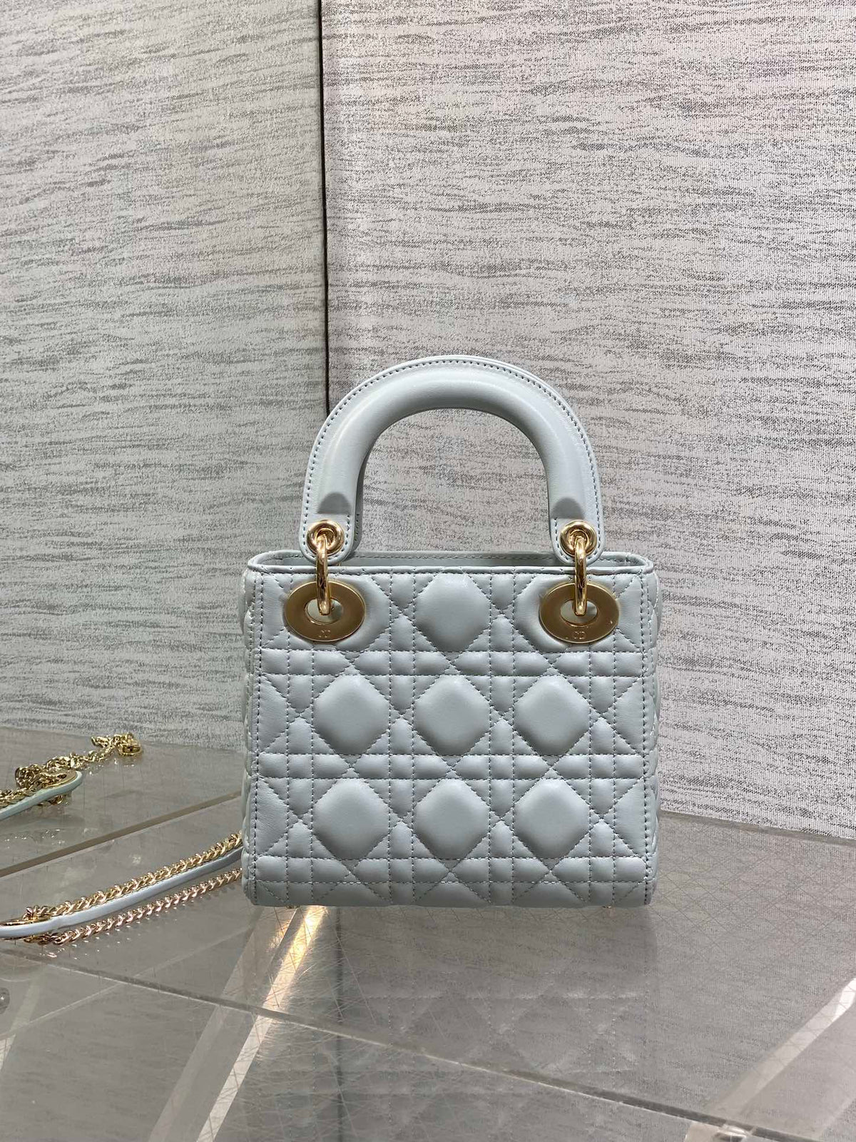 DIOR 25S MINI LADY BAG 17 IN LIGHT BLUE CALFSKIN CHARM CRYSTAL EMBELLISHMENTS