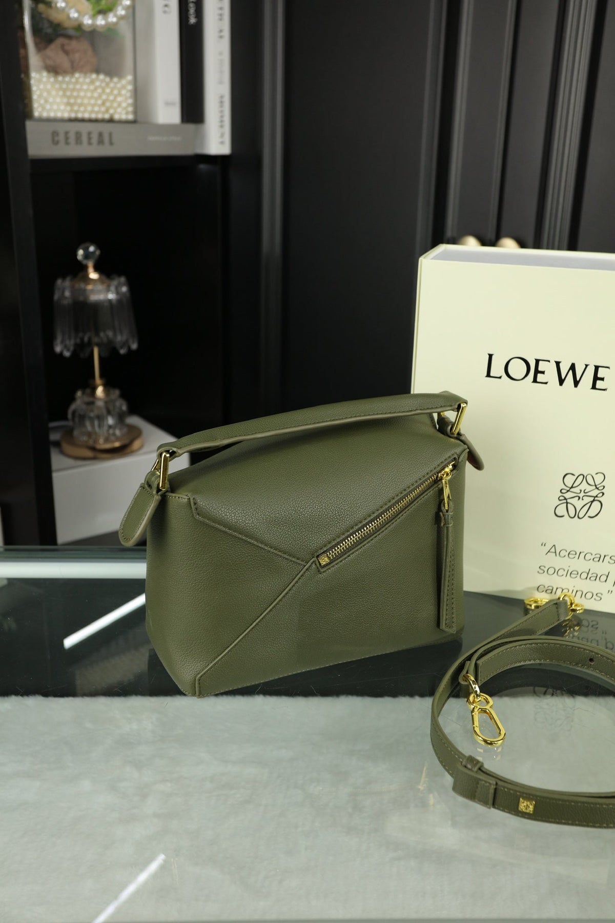 LOEWE LOE MINI PUZZLE 23 BAG IN DARK OLIVE GREEN CALFSKIN
