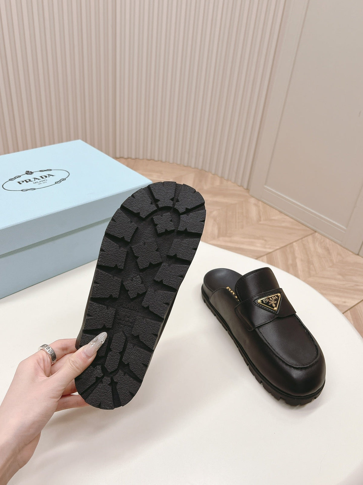 PRADA SABOTS MULES BLACK CALFSKIN