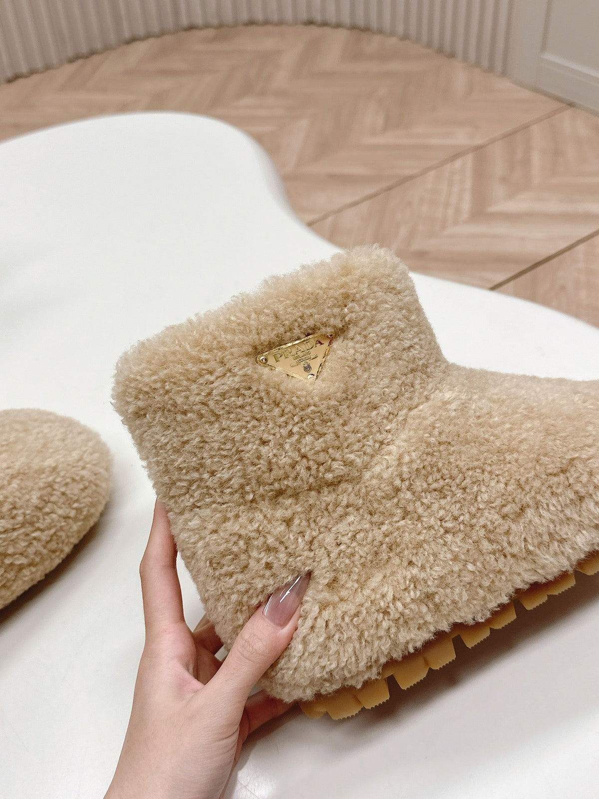 PRADA SNOW ANKLE BOOTS IN BEIGE SHEARLING