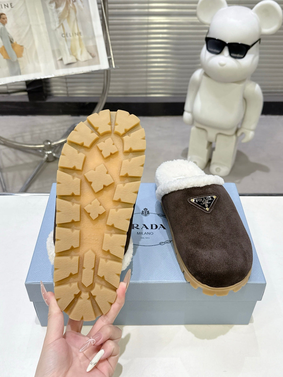 PRADA 25S FUR-LINED MULES IN RK BROWN SUEDE
