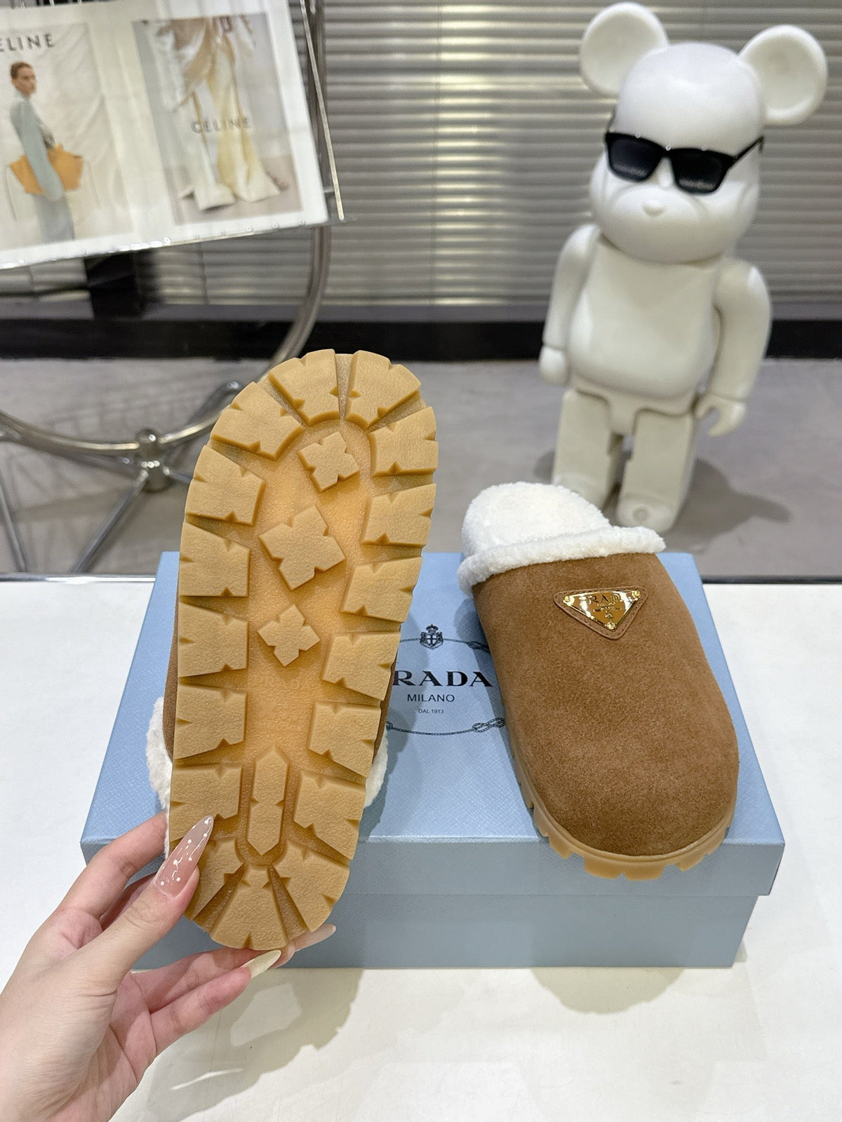 PRADA 25S FUR-LINED MULES IN BROWN SUEDE