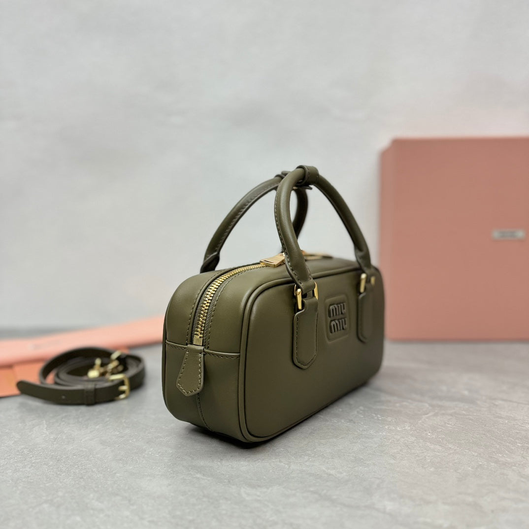 MIU MIU ARCADIE BAG 22 IN KELP GREEEN SMOOTH CALFSKIN EMBOSSED LOGO