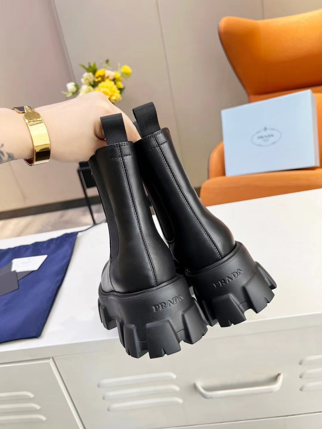 PRADA MONOLITH BRUSHED BOOTIES 55 BLACK CALFSKIN