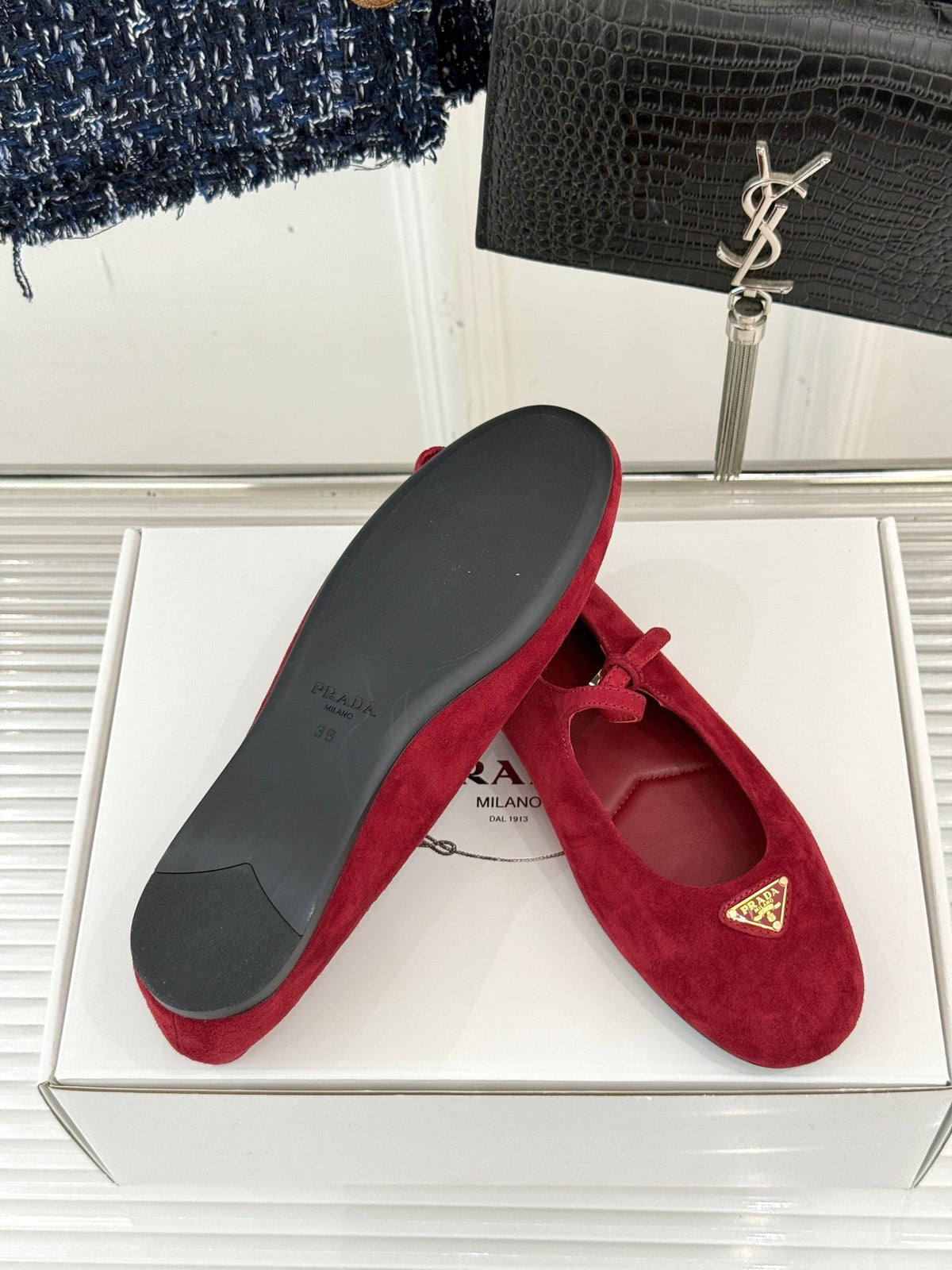 PRADA 25S SOFT PADDED BALLERINAS IN RK RED SUEDE