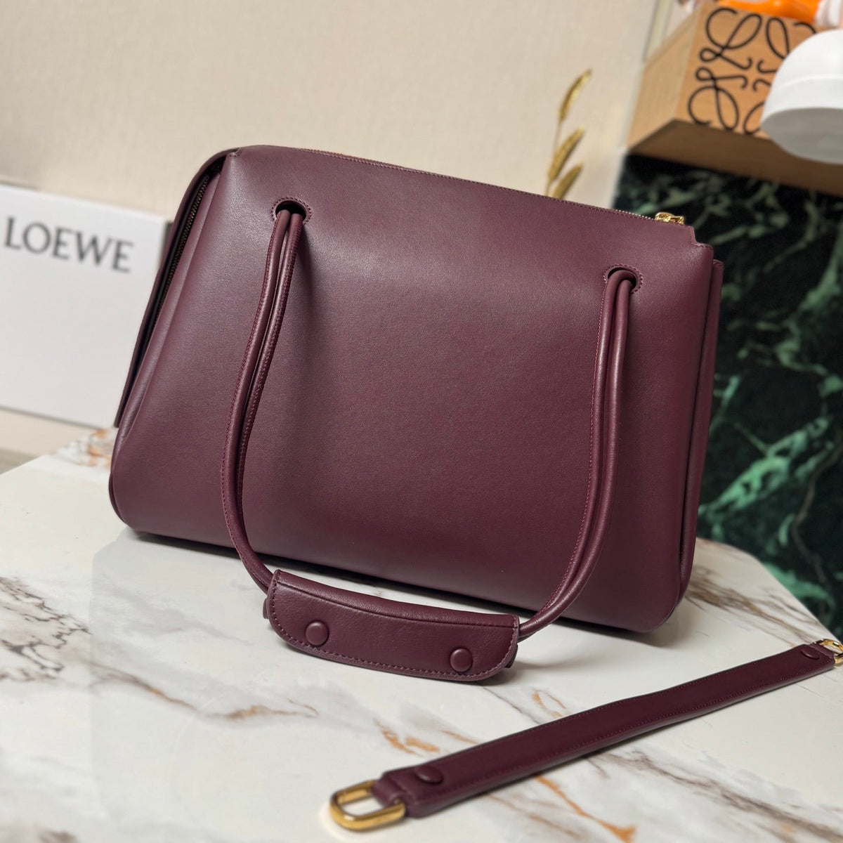 LOEWE 25S LARGE MADRID BAG 33 IN DARK WINE CALFSKIN GOLD HARDWARE