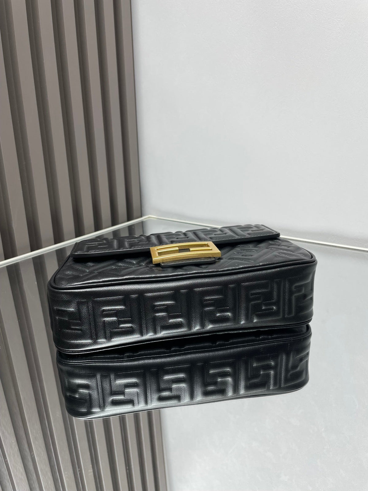 FENDI Fend Baguette 24 Bag With FF Motif Black Leather Ghw