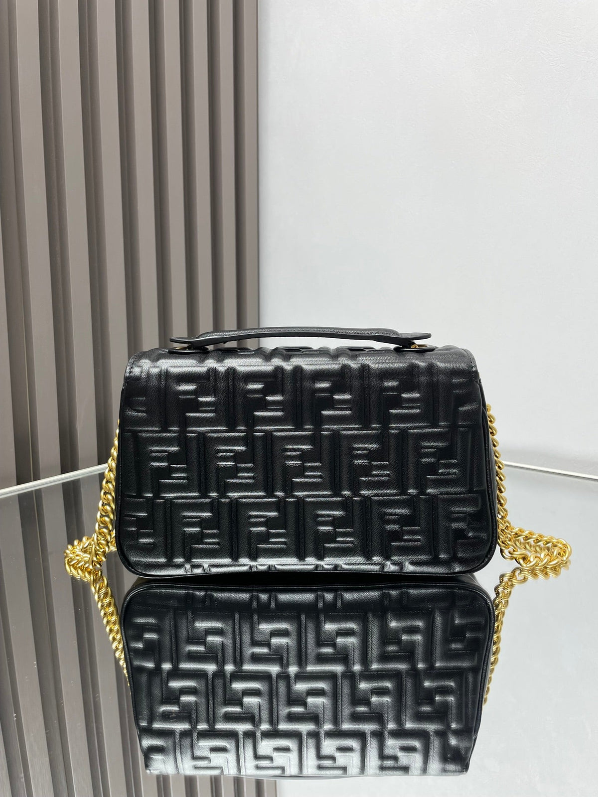 FENDI Fend Baguette 24 Bag With FF Motif Black Leather Ghw