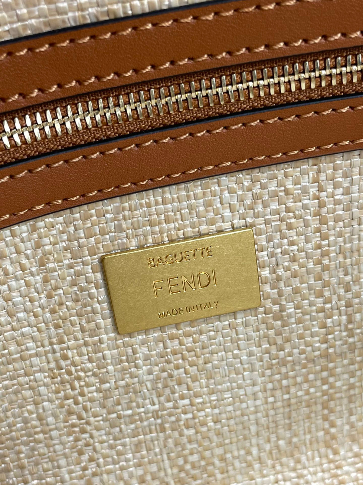 FENDI Fend Baguette Gold Tan Canvas Bag 27 with FF Embroidery Ghw