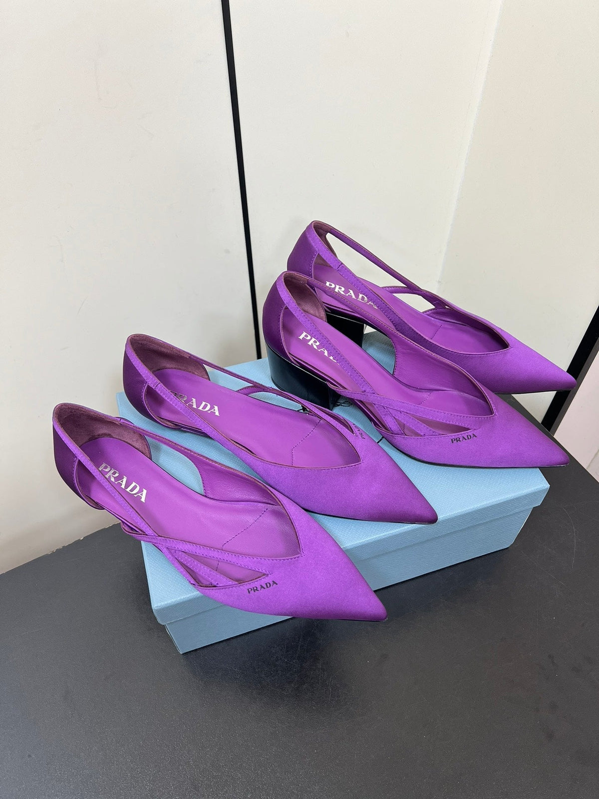 PRADA CUT-OUT BALLERINAS IN VIOLET SATIN