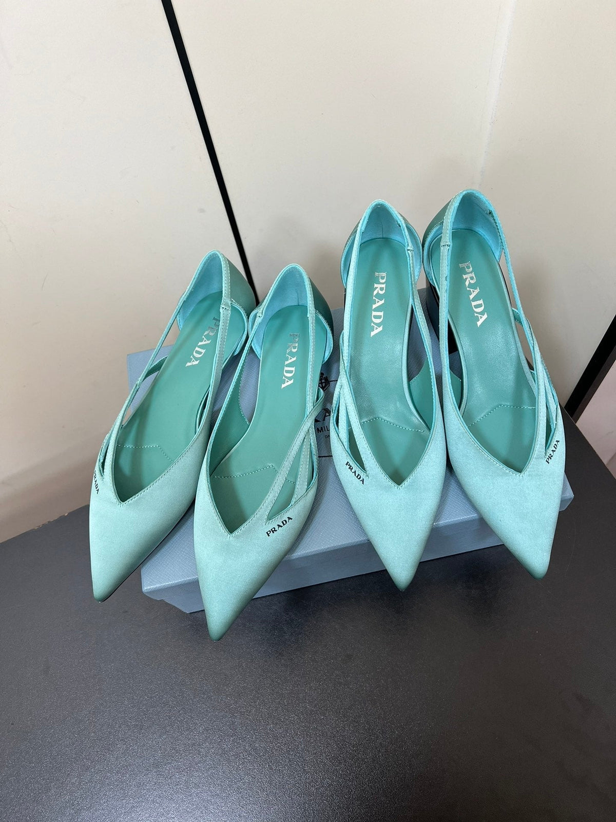 PRADA CUT-OUT BALLERINAS IN TURQUOISE BLUE SATIN