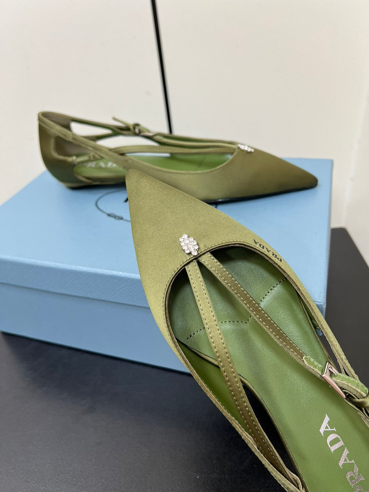 PRADA CUT-OUT BALLERINA FLAT IN OLIVE GREEN SATIN ATTACHED BEAD BUCKLE