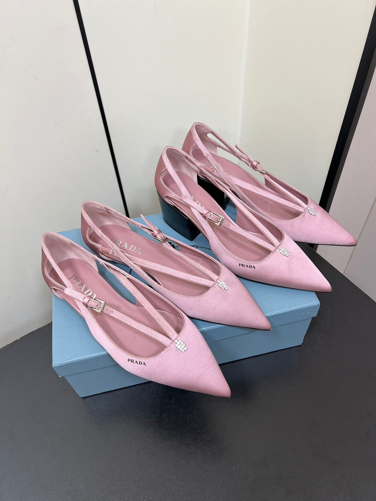 PRADA CUT-OUT BALLERINA FLAT IN BABY PINK SATIN ATTACHED BEAD BUCKLE