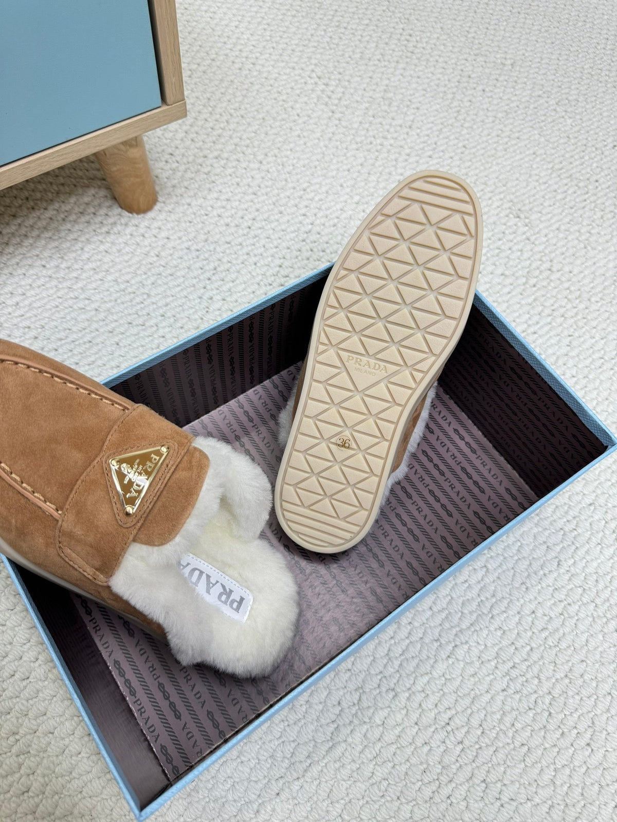 PRADA TRIANGLE LOGO FLATS IN CAMEL SUEDE AND FUR LINING