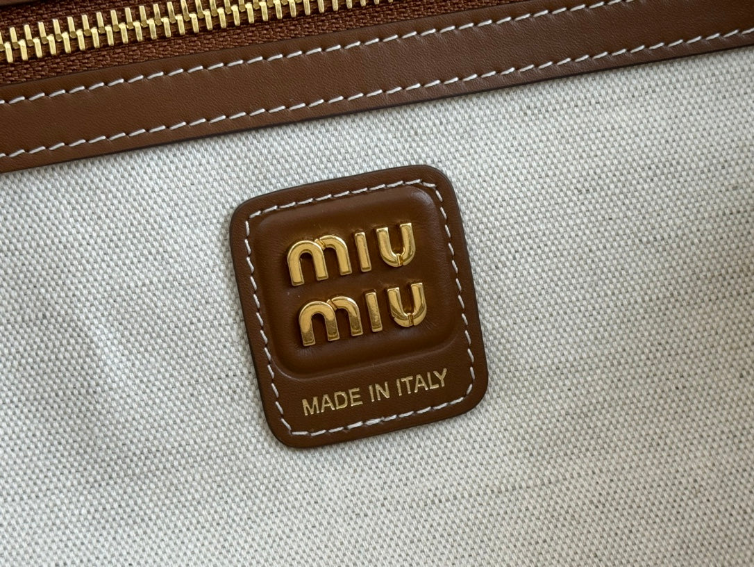 MIU MIU BEAU TOP HANDLE BAG 34 IN WHITE CANVAS AND WALNUT BROWN CALFSKIN TRIM
