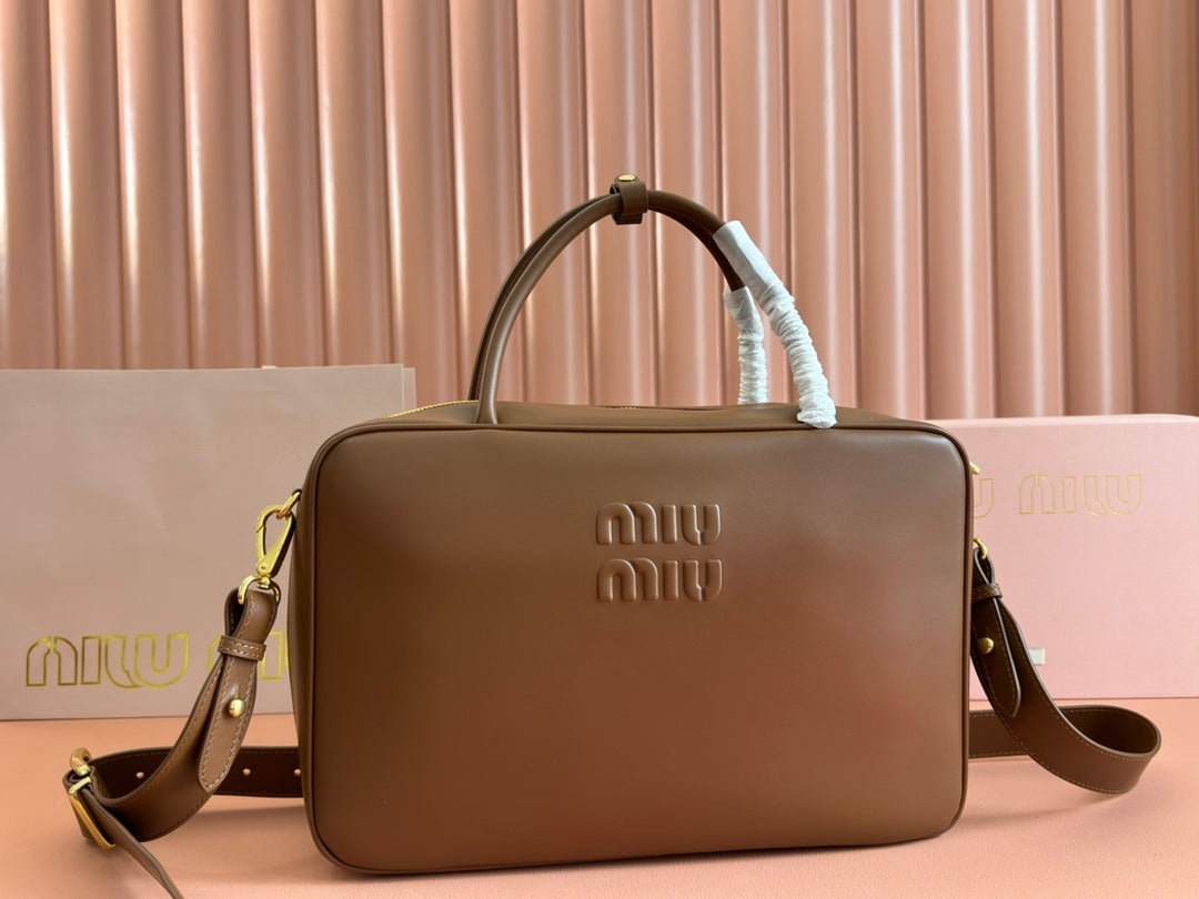 MIU MIU BEAU TOP HANDLE BAG 34 IN TAWNY BROWN SMOOTH CALFSKIN