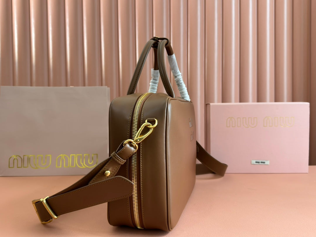 MIU MIU BEAU TOP HANDLE BAG 34 IN TAWNY BROWN SMOOTH CALFSKIN