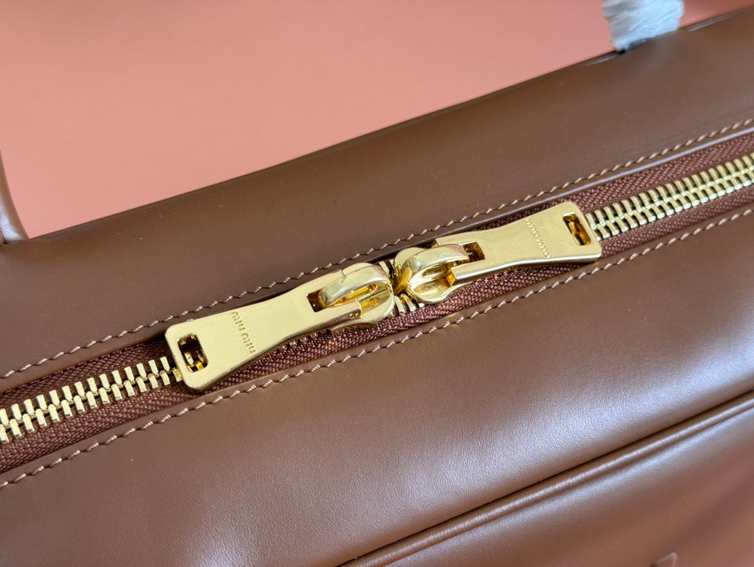 MIU MIU BEAU TOP HANDLE BAG 34 IN TAWNY BROWN SMOOTH CALFSKIN