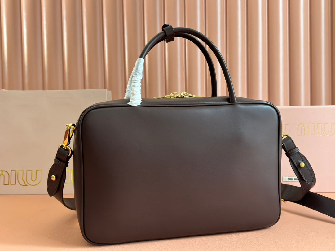 MIU MIU BEAU TOP HANDLE BAG 34 IN CEDAR BROWN SMOOTH CALFSKIN