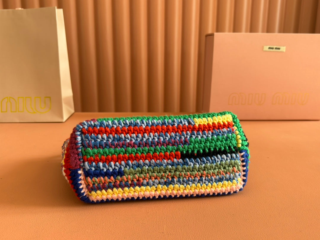 MIU MIU CROCHET SHOULDER BAG 25.5 COLORFUL WOOL WITH BROWN STRAP CALFSKIN