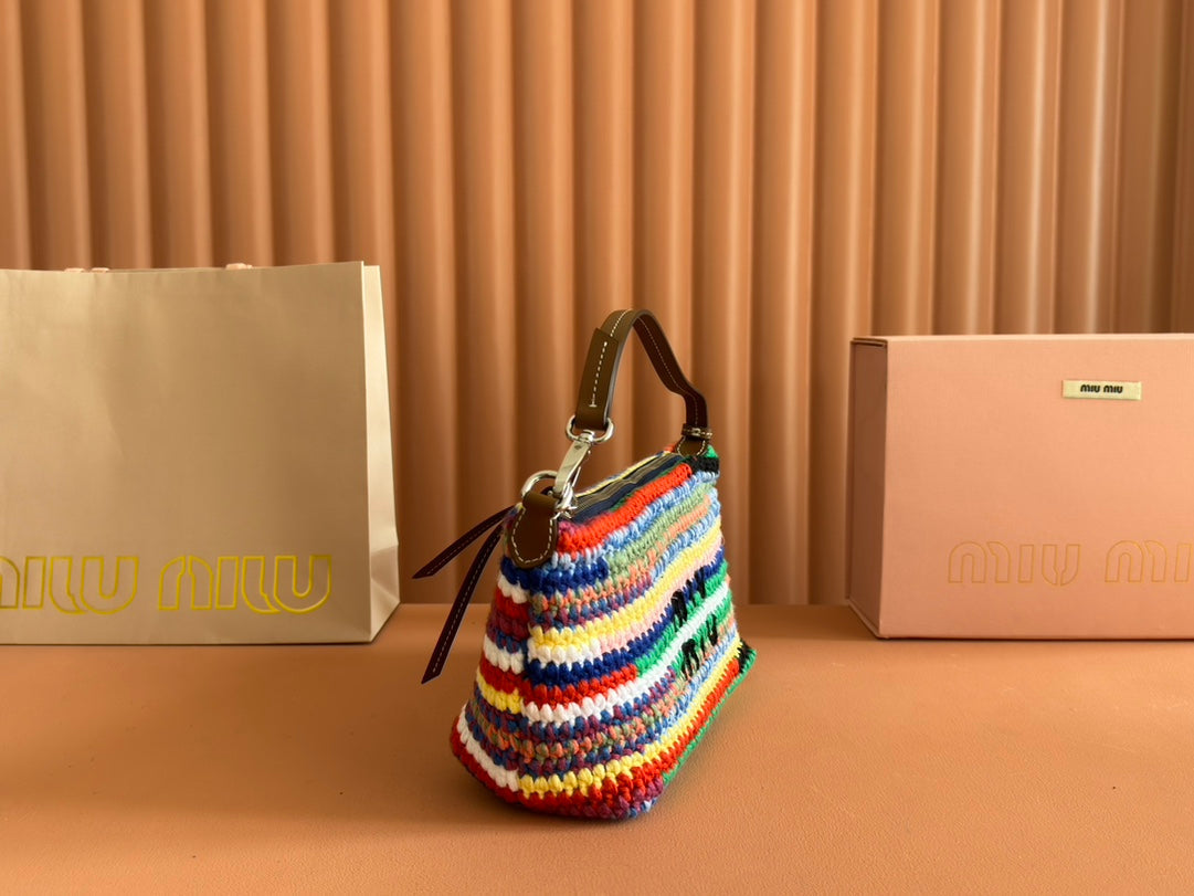 MIU MIU CROCHET SHOULDER BAG 25.5 COLORFUL WOOL WITH BROWN STRAP CALFSKIN