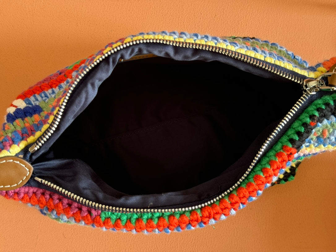 MIU MIU CROCHET SHOULDER BAG 25.5 COLORFUL WOOL WITH BROWN STRAP CALFSKIN