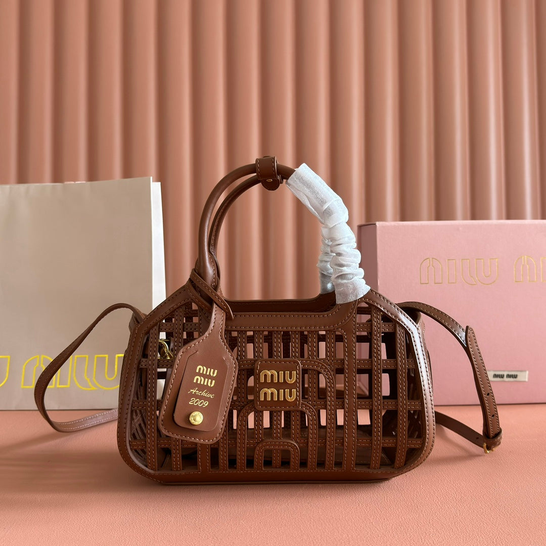 MIU MIU WOVEN HOLLOW BAG 24 IN DARK BROWN CALFSKIN
