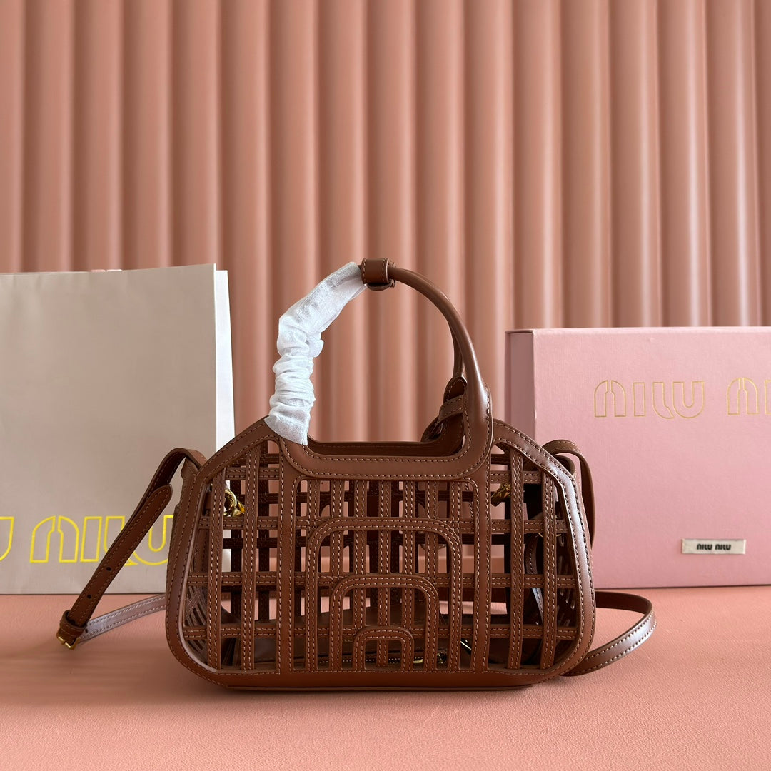MIU MIU WOVEN HOLLOW BAG 24 IN DARK BROWN CALFSKIN