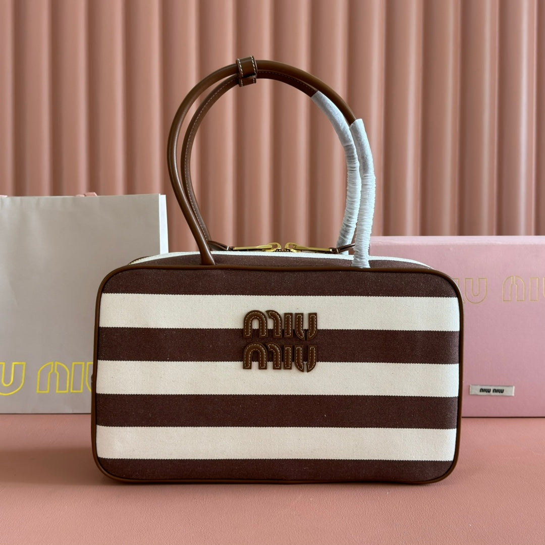MIU MIU BEAU BAG 34 DENIM BEAU WITH BROWN STRIPES IN CANVAS AND CALFSKIN