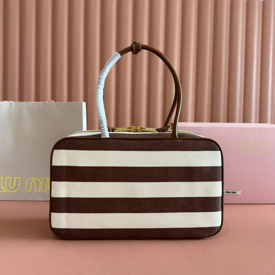 MIU MIU BEAU BAG 34 DENIM BEAU WITH BROWN STRIPES IN CANVAS AND CALFSKIN