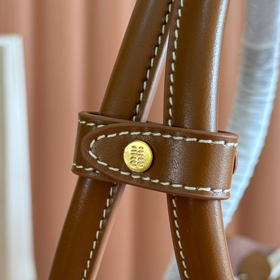 MIU MIU BEAU BAG 34 DENIM BEAU WITH BROWN STRIPES IN CANVAS AND CALFSKIN