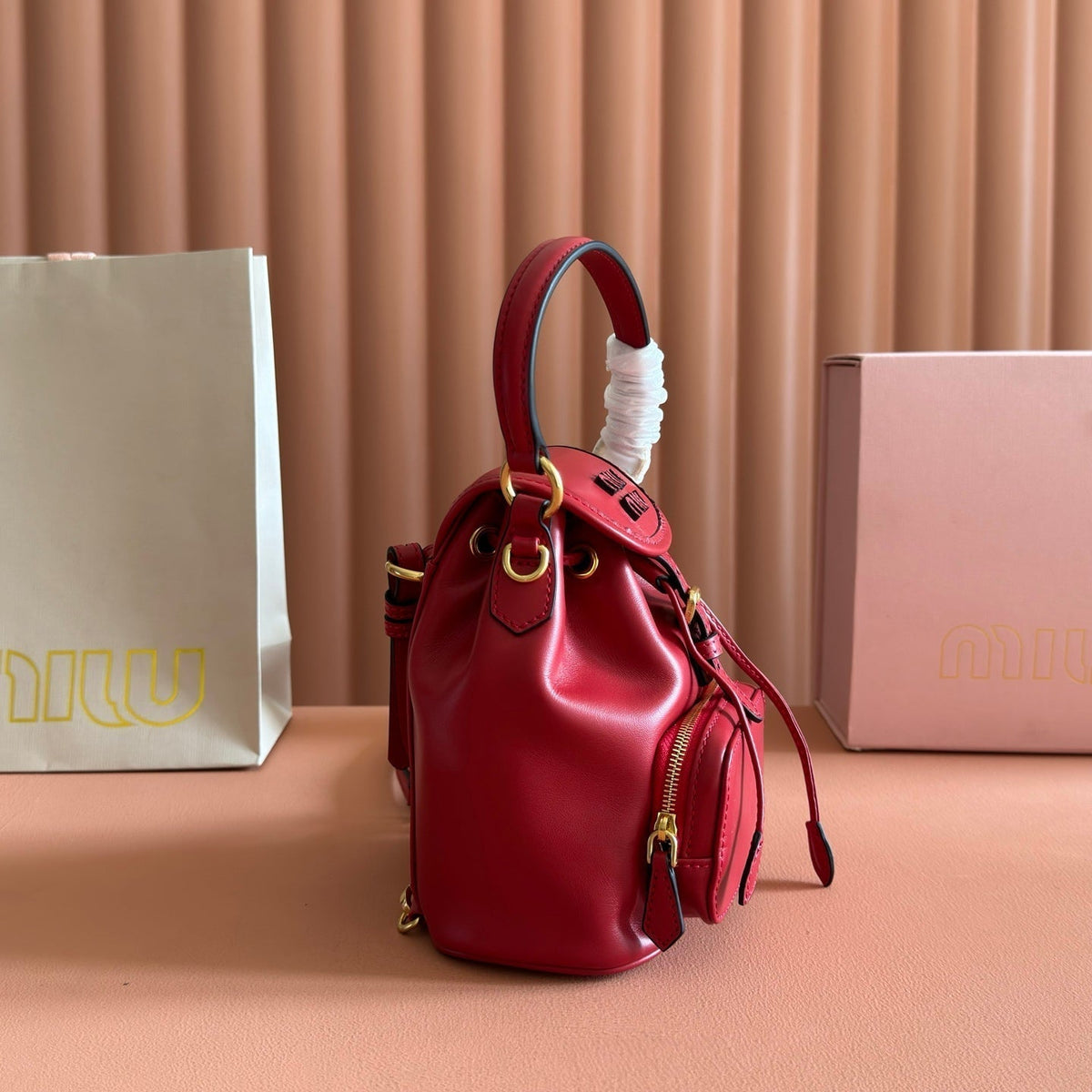 MIU MIU MIUMIU 26S MINI-BACKPACK 17 IN DARK RED CALFSKIN GOLD HARDWARE