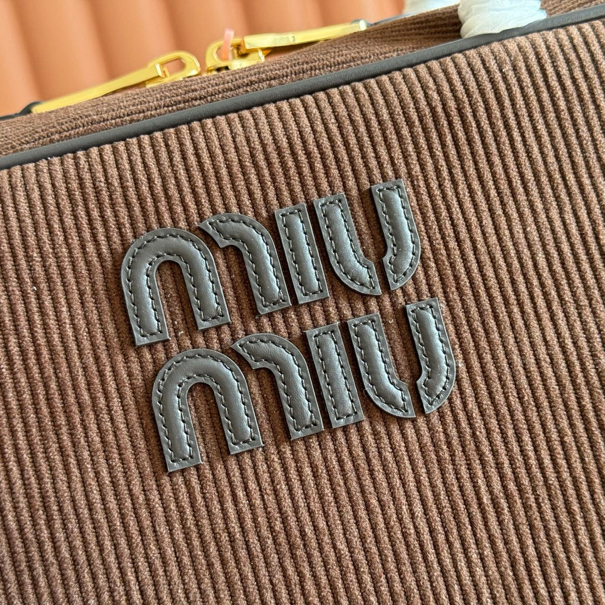 MIU MIU MIUMIU 26S BEAU BAG 34 IN CHOCOLATE BROWN CANVAS AND BLACK CALFSKIN