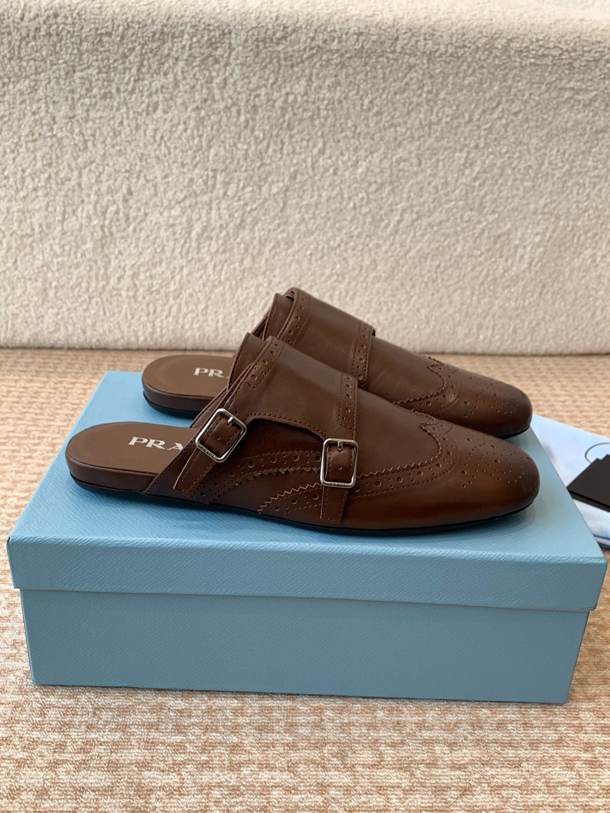 PRADA DOUBLE MONK MULES IN RK BROWN CALFSKIN