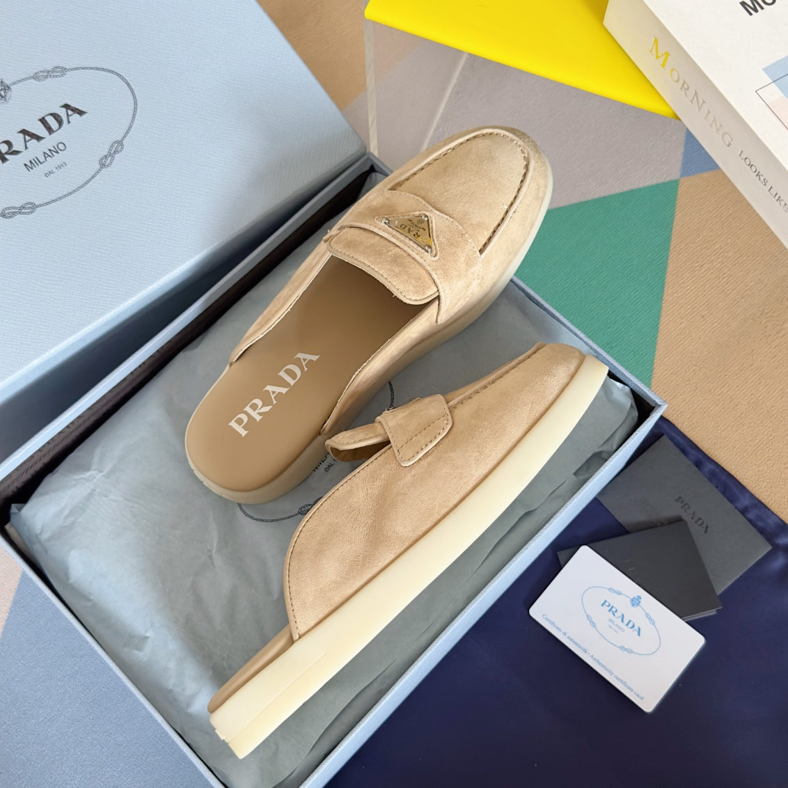 PRADA Pra Beige Suede Leather Mule 25mm Rubber Sole