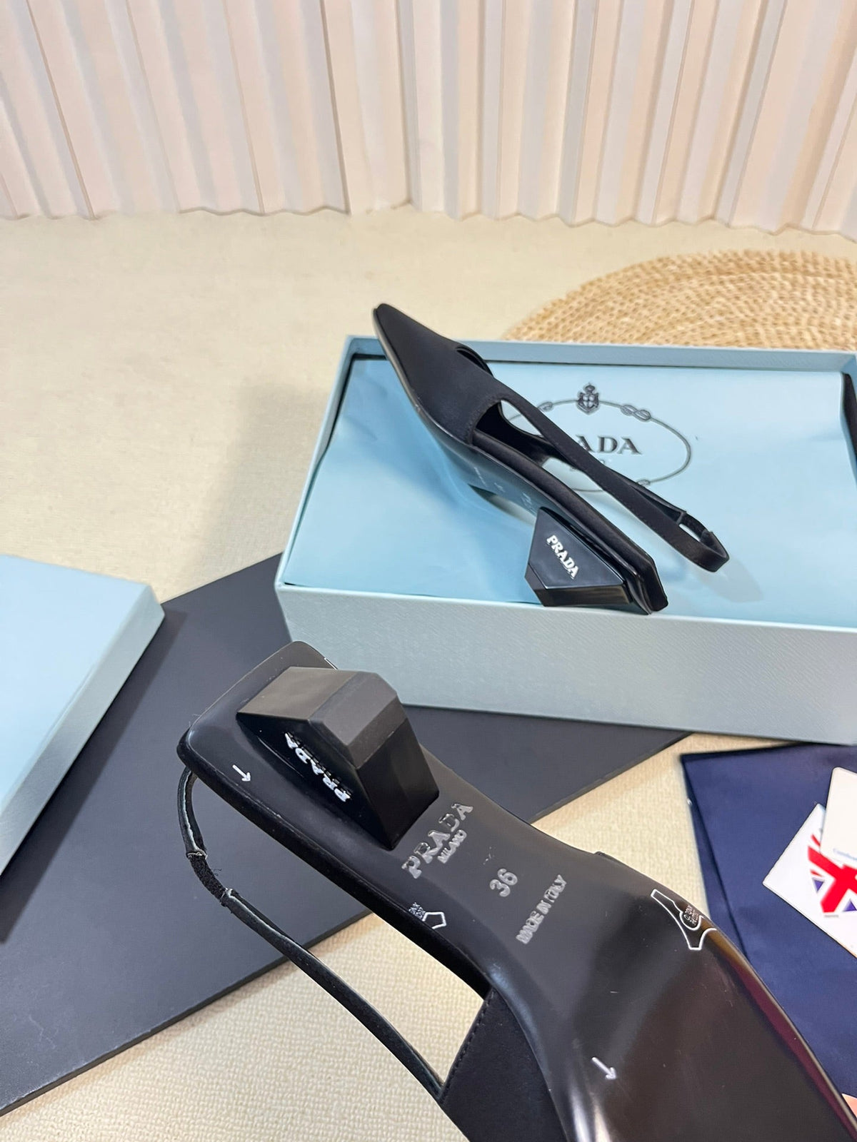PRADA SQUARE TOE SLINGBACK PUMPS BLACK SATIN