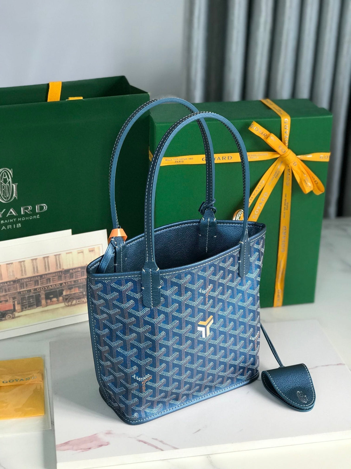 GOYARD ANJOU MINI BAG 20 IN NAVY BLUE CALFSKIN AND GOYARDINE CANVAS