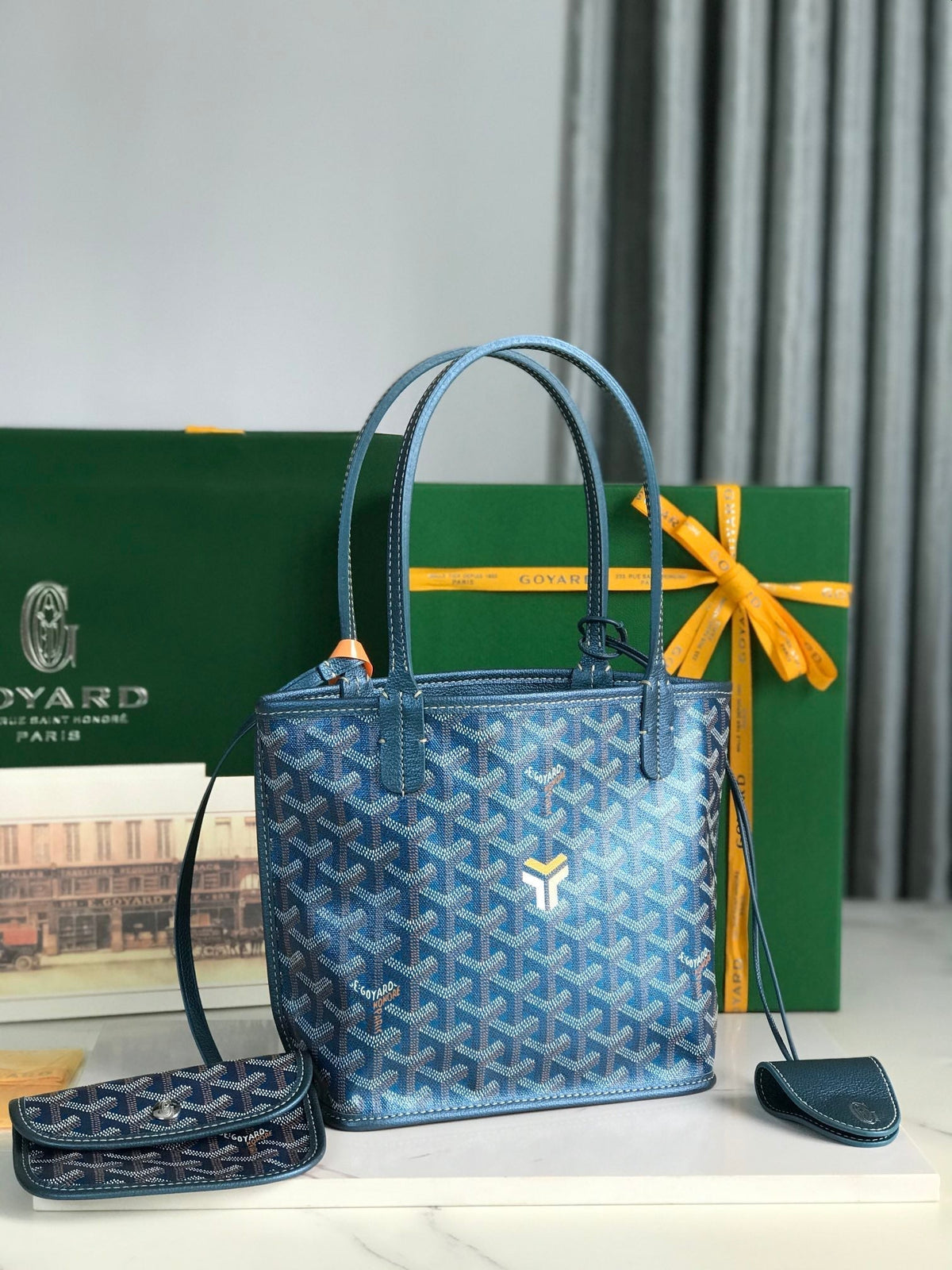 GOYARD ANJOU MINI BAG 20 IN NAVY BLUE CALFSKIN AND GOYARDINE CANVAS
