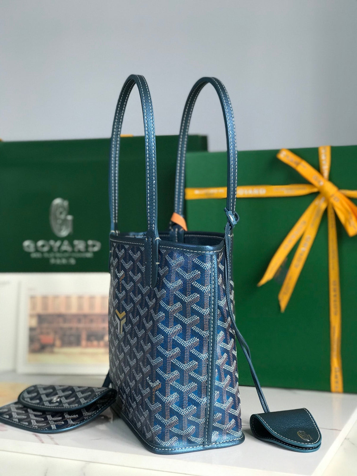 GOYARD ANJOU MINI BAG 20 IN NAVY BLUE CALFSKIN AND GOYARDINE CANVAS