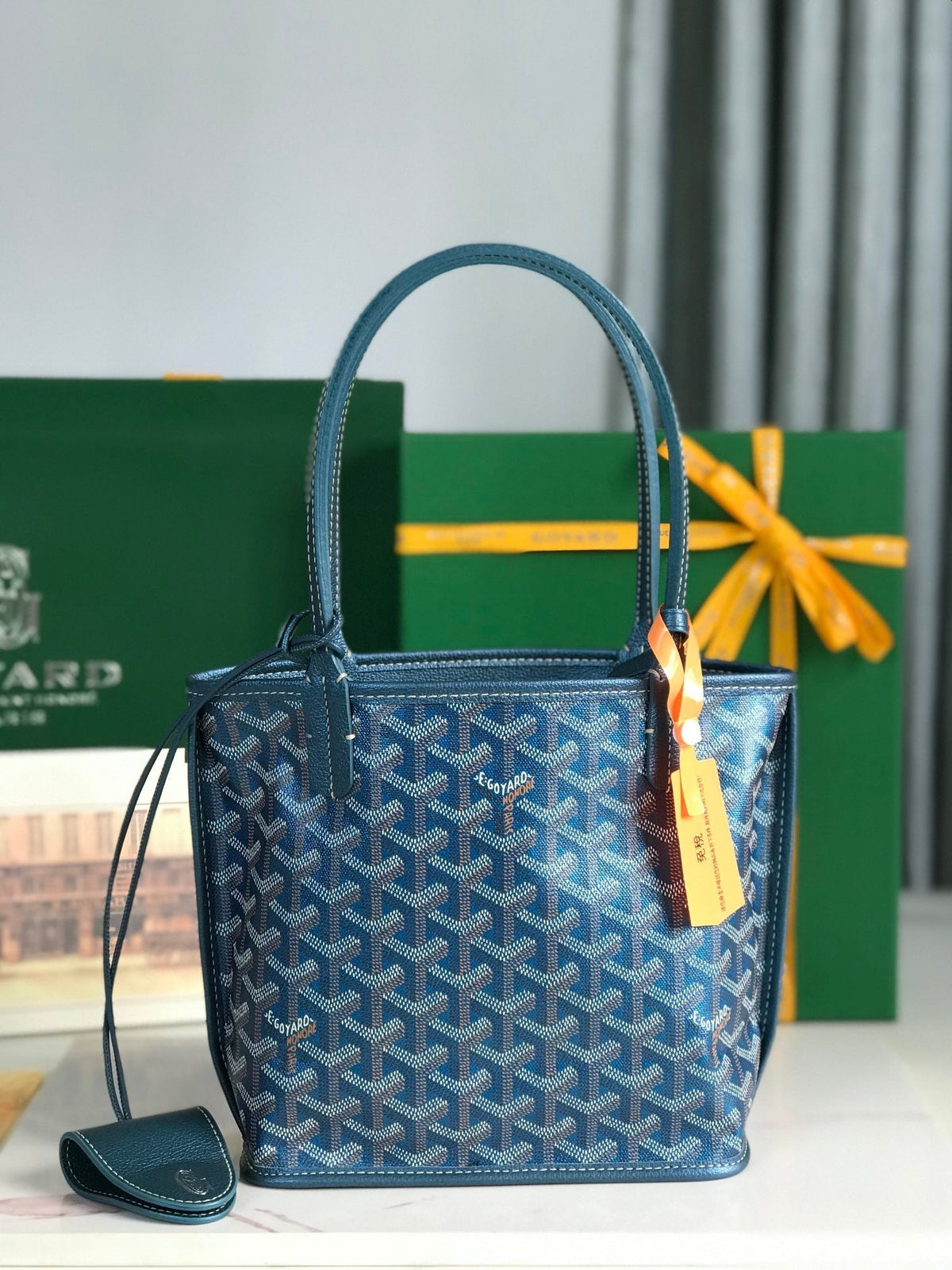 GOYARD ANJOU MINI BAG 20 IN NAVY BLUE CALFSKIN AND GOYARDINE CANVAS