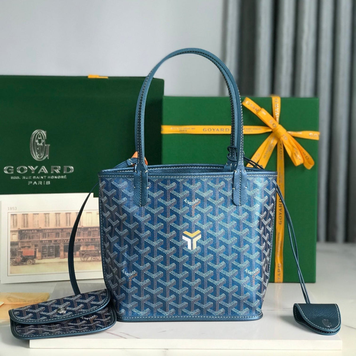 GOYARD ANJOU MINI BAG 20 IN NAVY BLUE CALFSKIN AND GOYARDINE CANVAS
