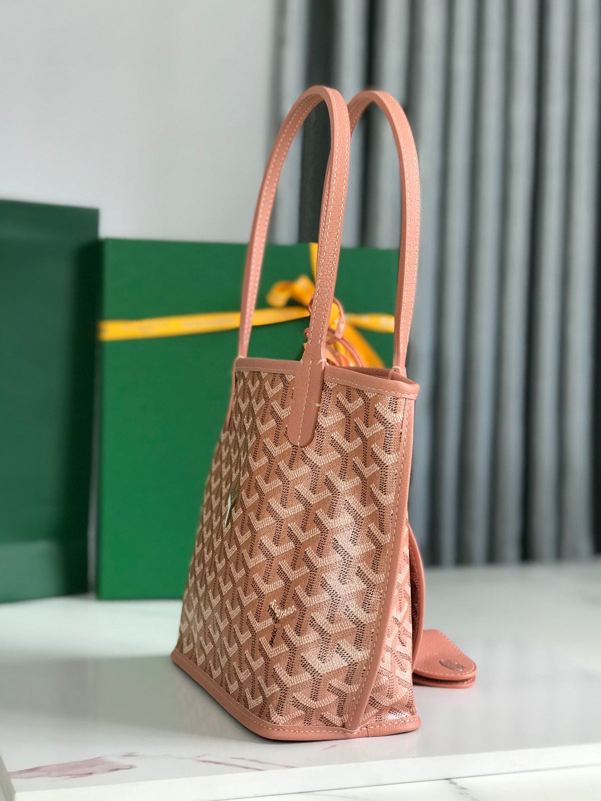 GOYARD ANJOU MINI BAG 20 IN MANHATTAN PINK CALFSKIN AND GOYARDINE CANVAS