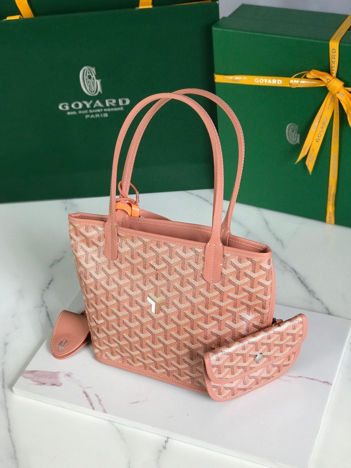 GOYARD ANJOU MINI BAG 20 IN MANHATTAN PINK CALFSKIN AND GOYARDINE CANVAS