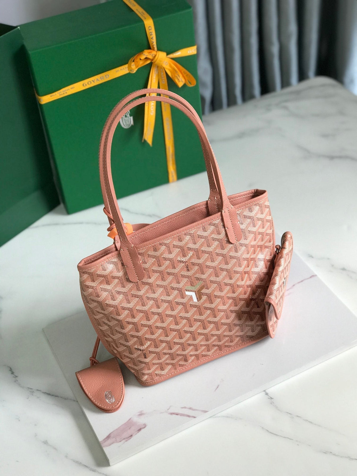 GOYARD ANJOU MINI BAG 20 IN MANHATTAN PINK CALFSKIN AND GOYARDINE CANVAS