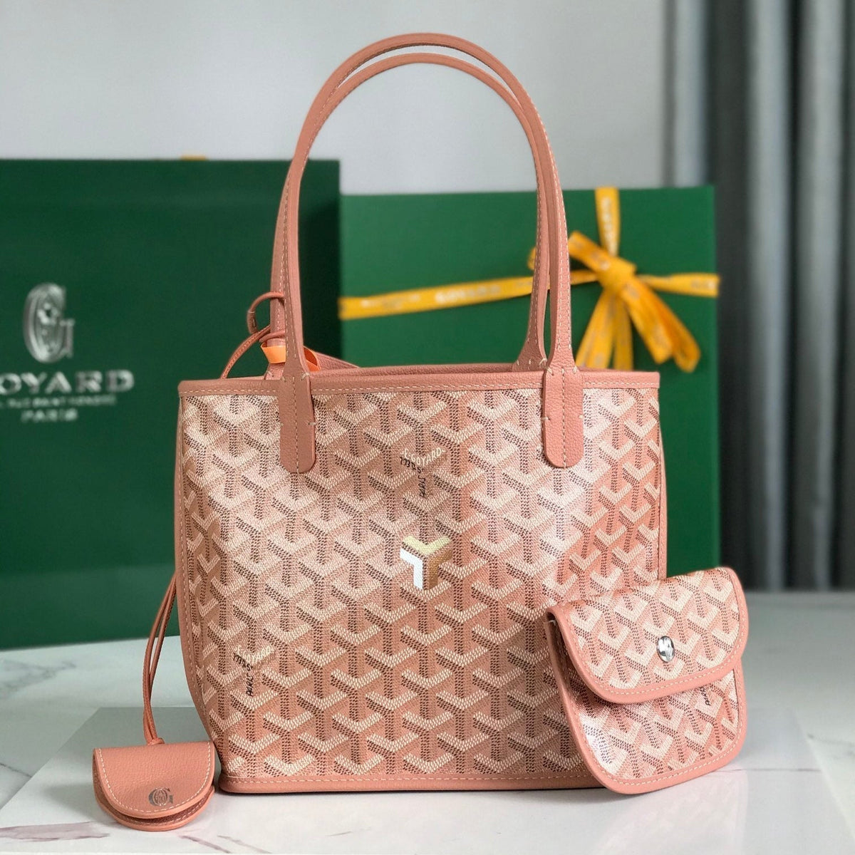 GOYARD ANJOU MINI BAG 20 IN MANHATTAN PINK CALFSKIN AND GOYARDINE CANVAS