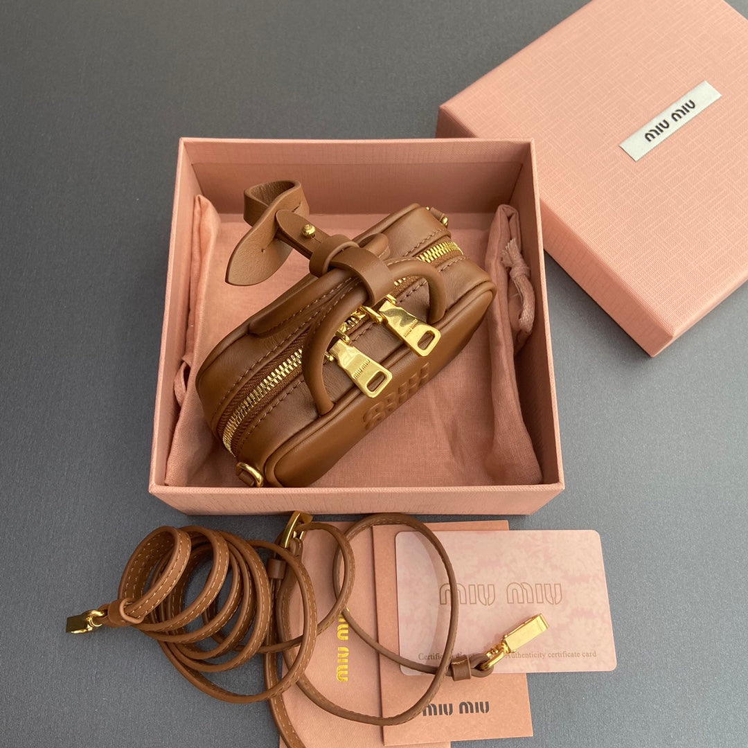 MIU MIU MICRO BAG KEYCHAIN 11 IN CAPE PALLISER BROWN CALFSKIN EMBOSSED LOGO